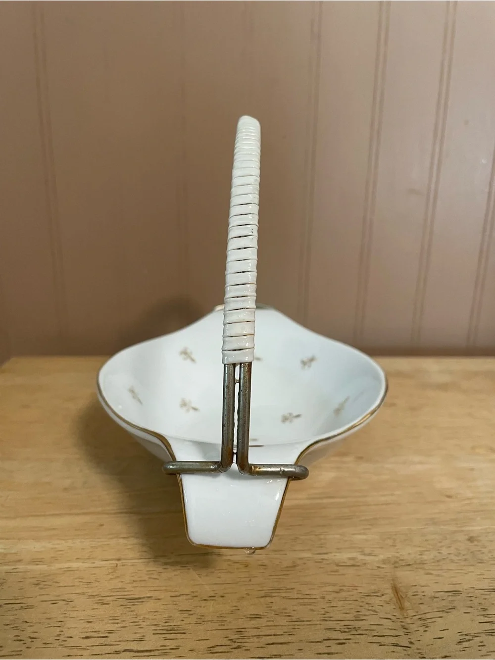 Vintage White porcelain basket gold Fleur de Lis pattern woven handle